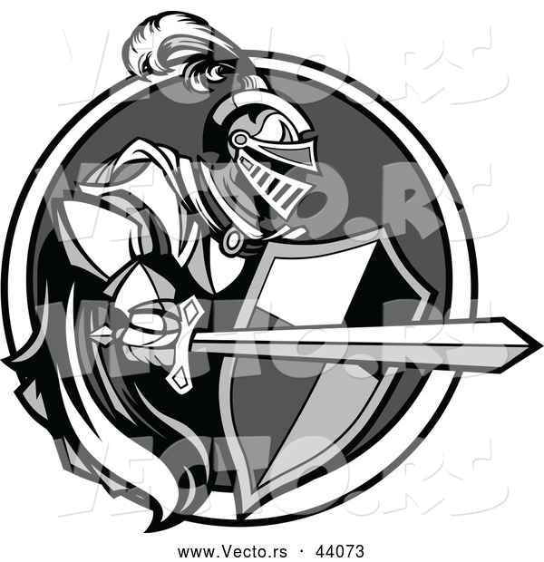 Vector of a Knight with a Cape Shield and Sword Within a Circle Icon - Grayscale Version