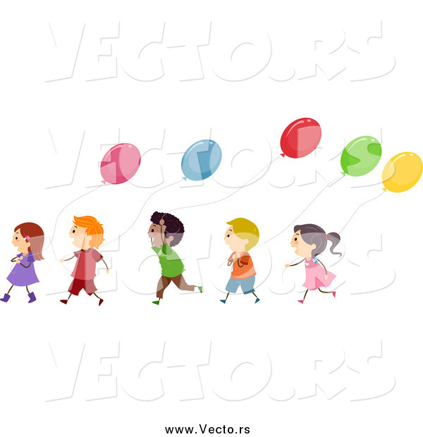 Vector of a Line of Happy Diverse Children with Balloons