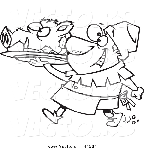 Vector of a Lineart Cheerful Castle Cook Chef Carrying a Pig Head on a Platter