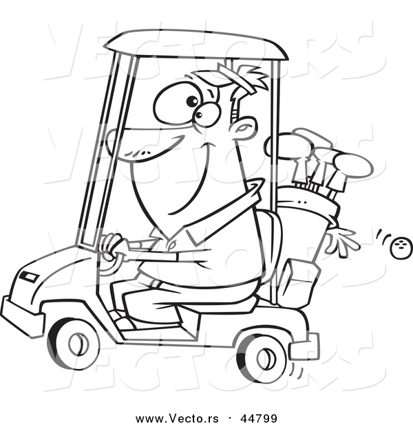 Vector of a Lineart Happy Man Driving a Golf Cart