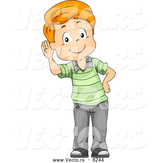 Vector of a Listening Cartoon Boy Cupping His Ear While Smiling