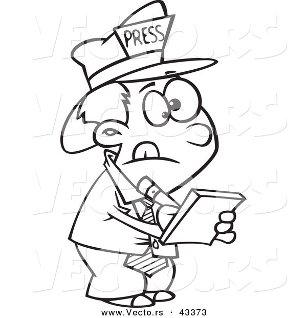 Vector of a Listening Cartoon Reporter Boy Taking Notes - Coloring Page Outline