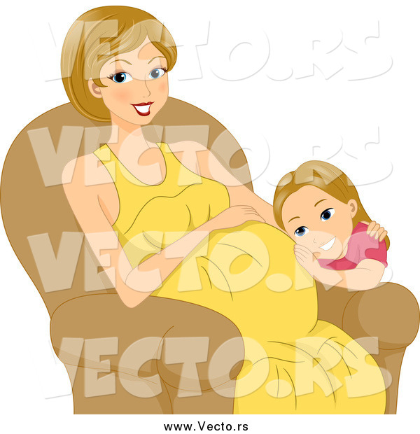 Vector of a Little Girl Listening to Her Pregnant Moms Belly
