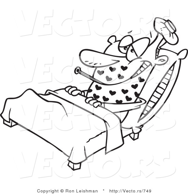 Vector of a Love Sick Cartoon Man Resting in Bed with Fever - Line Drawing