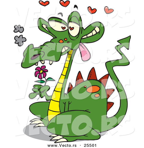 Vector of a Love Struck Cartoon Dragon Holding a Purple Flower with Hearts Floating Above His Head