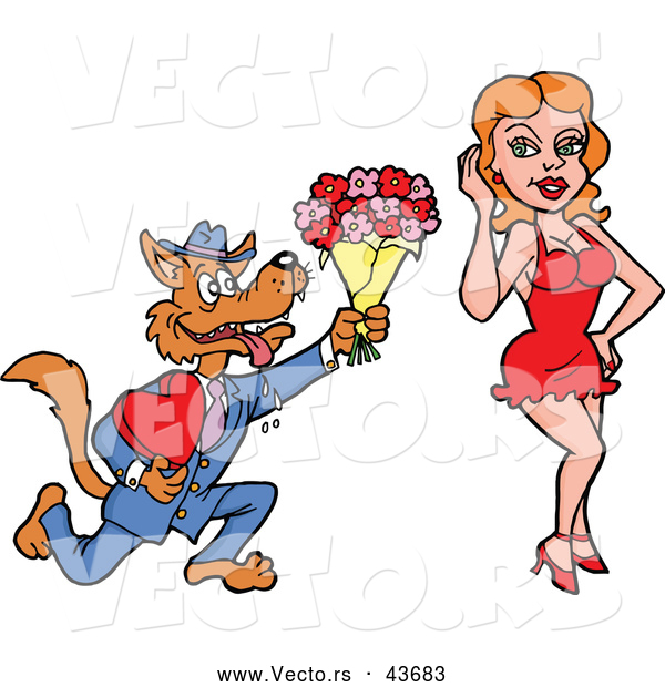 Vector of a Loving Cartoon Wolf Offering Flowers and a Love Heart Candy Box to a Pretty Girl