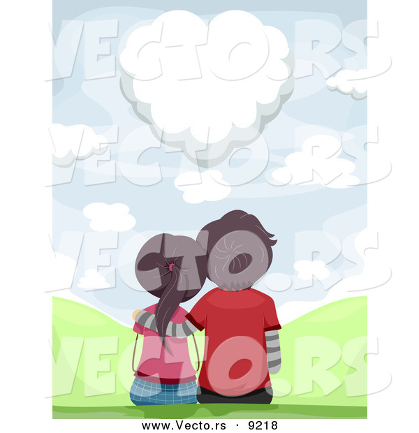 Vector of a Loving Couple Sitting Together While Gazing at a Heart Shaped Love Cloud