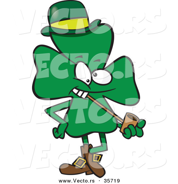 Vector of a Lucky St. Patrick's Day Cartoon Shamrock Mascot Smoking a Pipe