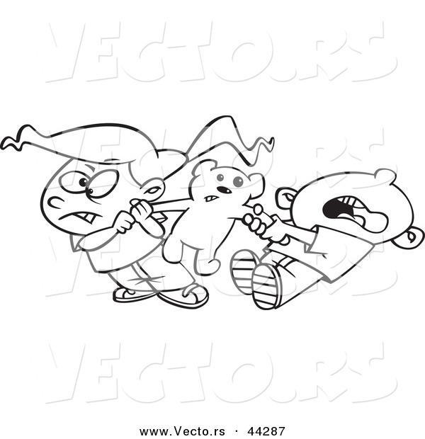 Vector of a Mad Cartoon Boy and Girl Fighting over a Teddy Bear - Coloring Page Outline