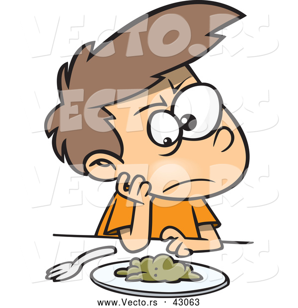 Vector of a Mad Cartoon Boy Sitting at a Dinner Table with a Pile of Greens on His Plate