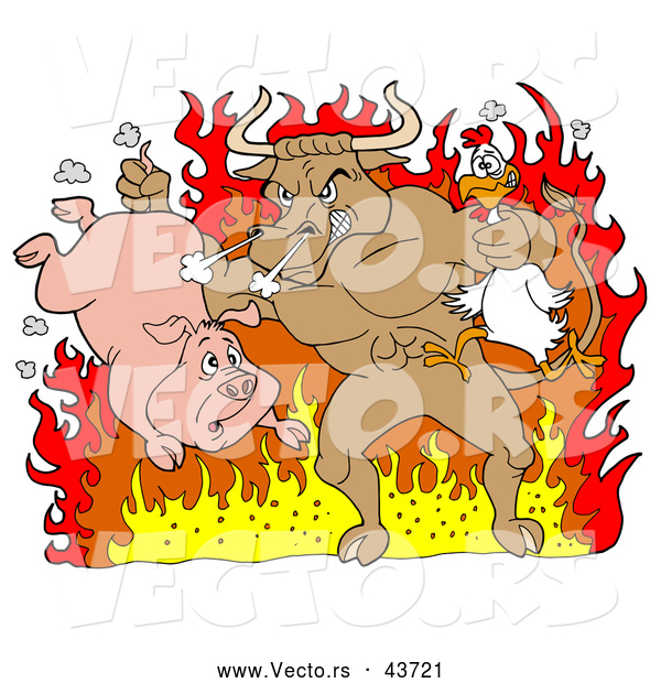 Vector of a Mad Cartoon Bull Choking a Chicken and Holding a Pig While Standing in Hot Fire