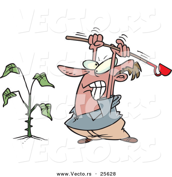 Vector of a Mad Cartoon Man Destroying a Weed with a Garden Hoe Tool