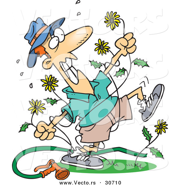 Vector of a Mad Cartoon Man Killing Dandelion Weeds