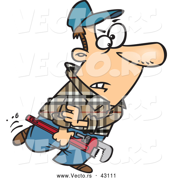 Vector of a Mad Cartoon Plumber Carrying a Wrench and Rolling up His Sleeves