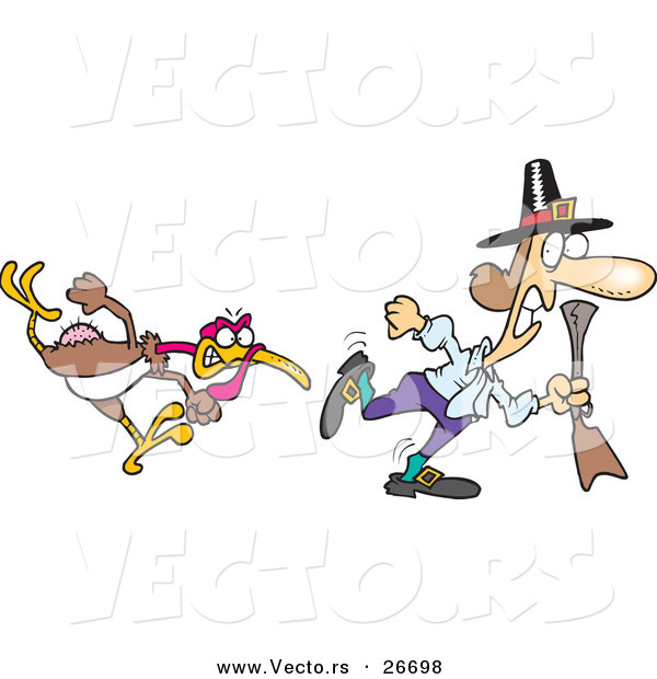 Vector of a Mad Cartoon Turkey Chasing a Pilgrim Man with Hunting Rifle