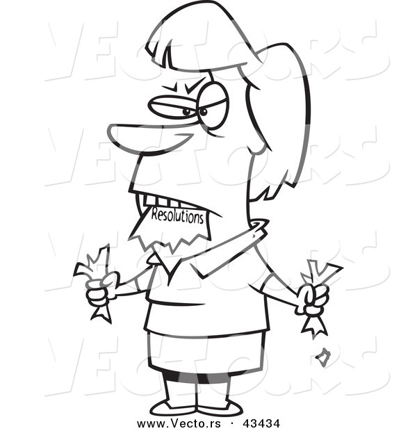 Vector of a Mad Cartoon Woman Eating a Resolutions List - Coloring Page Outline