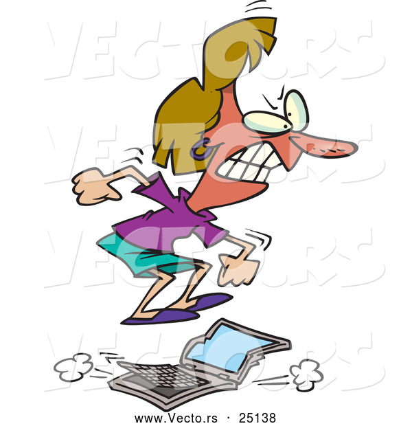 Vector of a Mad Cartoon Woman Jumping on a Broken Laptop Computer