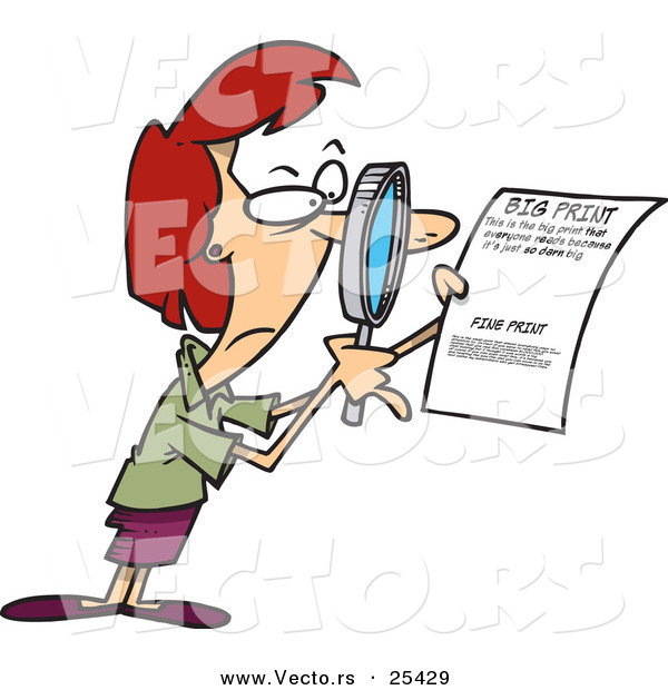 Vector of a Mad Cartoon Woman Reading Fine Print on a Legal Contract with a Magnifying Glass