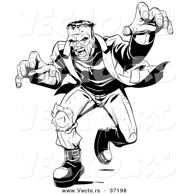 Vector of a Mad Frankenstein Walking Forward in Attack Mode - Black and White Halloween Line Art