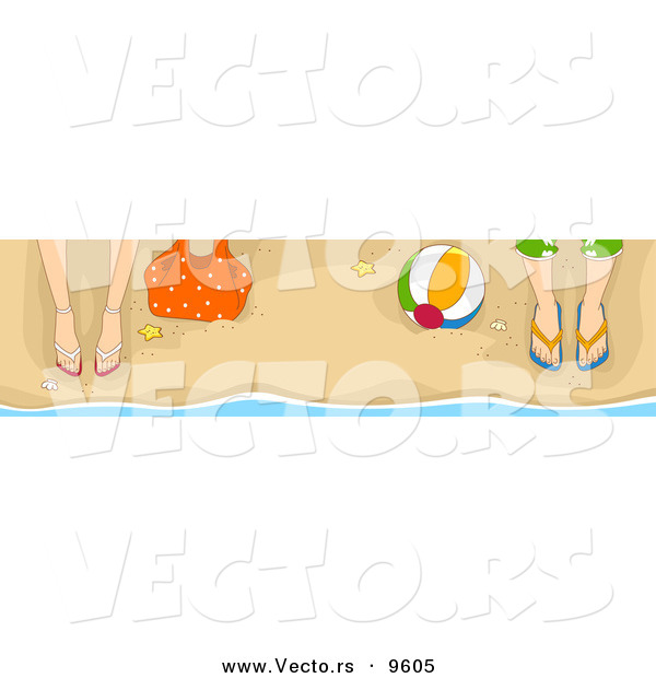 Vector of a Male and Female Legs and Feet in Sandals on a Beach with a Ball