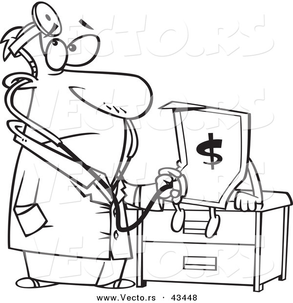 Vector of a Male Cartoon Doctor Diagnosing the Dollar - Coloring Page Outline