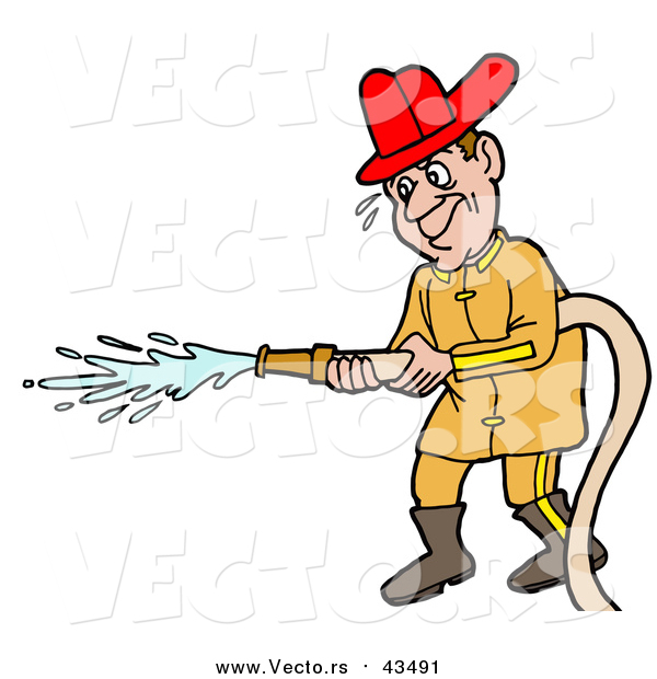 Vector of a Male Caucasian Fireman in a Uniform and Red Hardhat, Operating a Water Hose