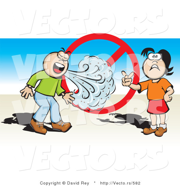 Vector of a Man Sneezing on Girl in Front of a Prohibited Sign