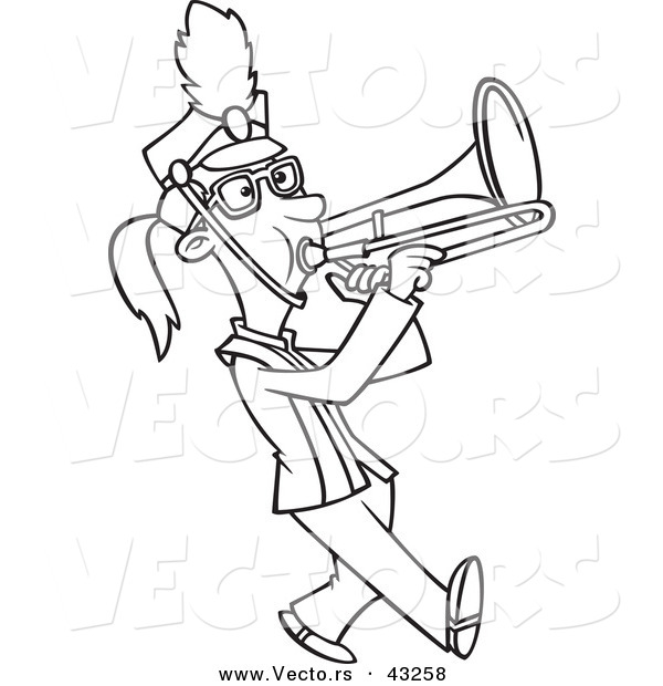Vector of a Marching Cartoon Girl Playing a Trombone - Coloring Page Outline