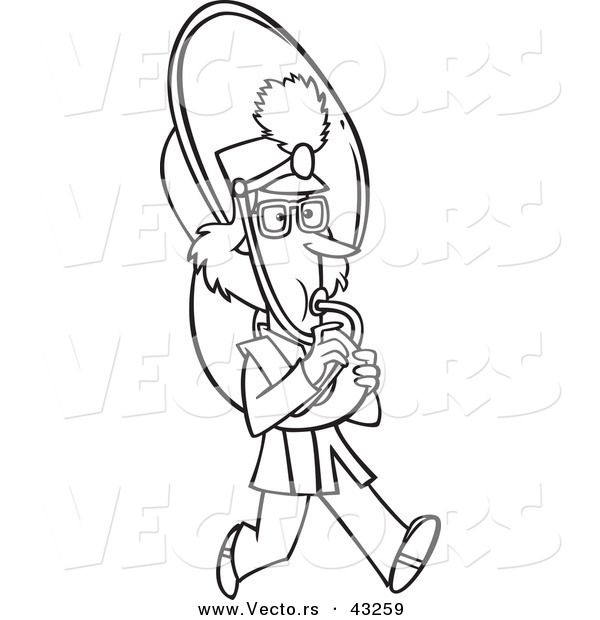 Vector of a Marching Cartoon Girl Playing a Tuba - Coloring Page Outline