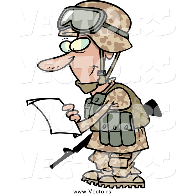 Vector of a Marine Soldier Man in a Camouflage Uniform and Helmet, Reading a Letter