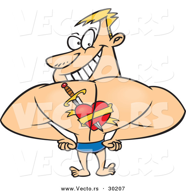 Vector of a Masculine Cartoon Man Showing off a Love Heart Tattoo on His Back