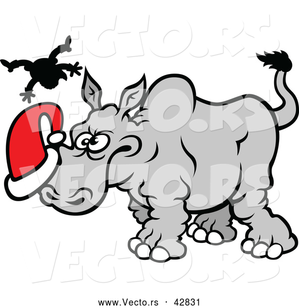 Vector of a Mean Cartoon Rhino Attacking Santa Hat