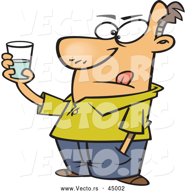 Vector of a Mental Cartoon Man Looking at a Glass Half Empty and Half Full of Water
