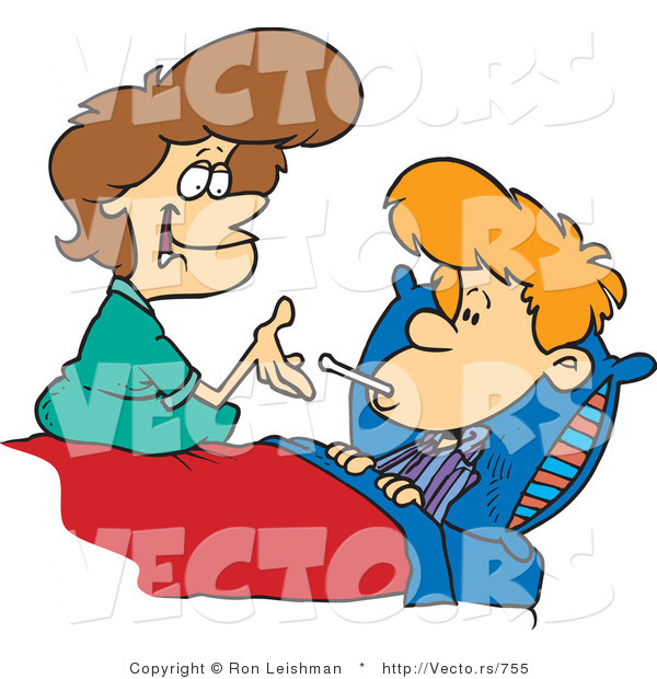 Vector of a Mother Checking Sick Son's Temperature with Thermometer