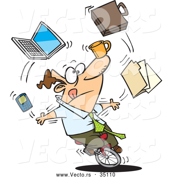 Vector of a Multitasking Cartoon Businessman Juggling Office Things While Riding on a Unicycle
