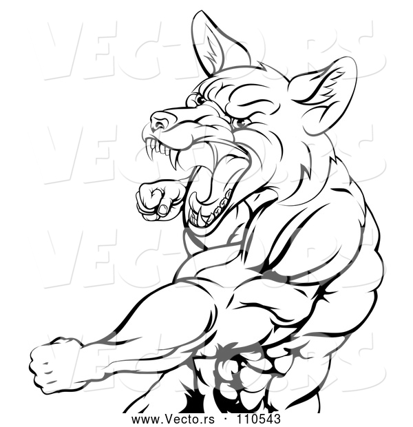 Vector of a Muscular Cartoon Fox Man Mascot Aggressively Punching in Black Lineart