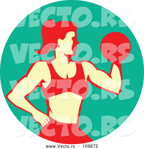 Vector of a Muscular Woman Working out with a Dumbbell and Doing Bicep Curls in a Turquoise Circle