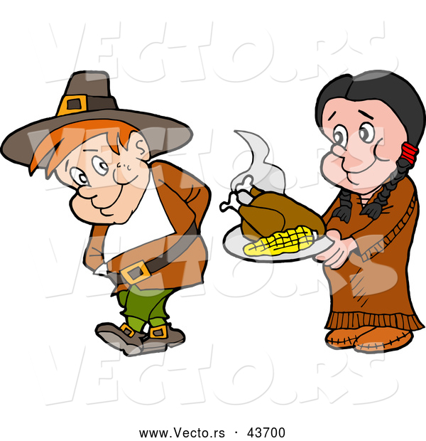 Vector of a Native American Cartoon Woman Offering a Pilgrim Thanksgiving Turkey and Corn
