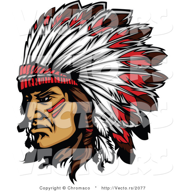 Vector of a Native American Chief Wearing Feathered Headdress While Grinning