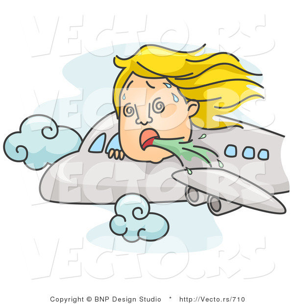 Vector of a Nauseated Cartoon Girl Vomiting on an Airplane Flight