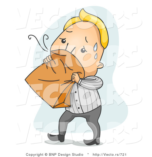 Vector of a Nauseated Cartoon Man Breathing into a Paper Bag