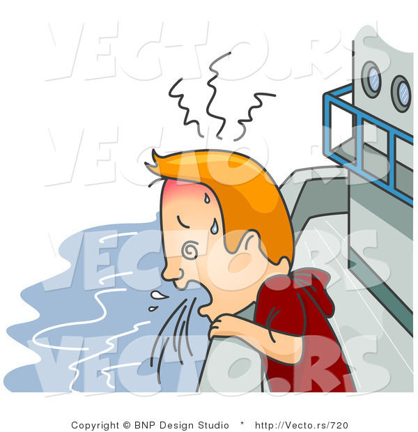Vector of a Nauseated Cartoon Man Vomiting on a Cruise Ship