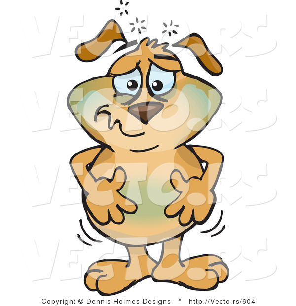 Vector of a Nauseated Sick Cartoon Dog Turning Green and Rubbing His Upset Stomach