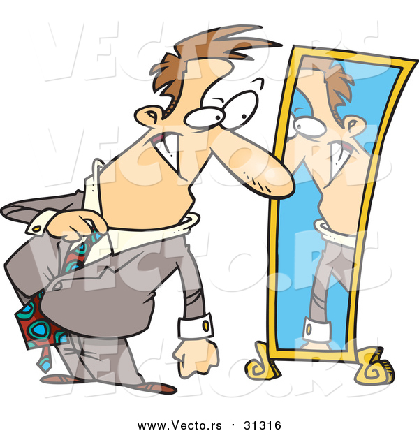 Vector of a Nervous Business-Man Dressing in Front of a Mirror - Cartoon Style
