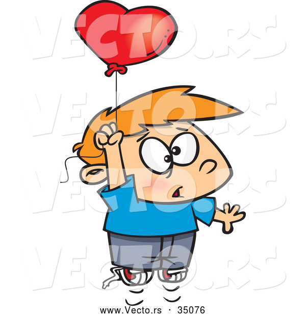 Vector of a Nervous Cartoon Boy Floating up with a Love Heart Balloon