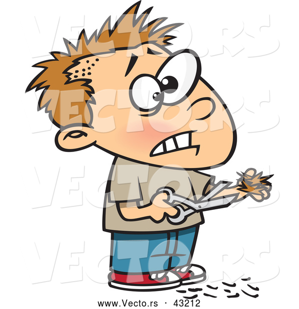 Vector of a Nervous Cartoon Boy Trying to Cut His Own Hair with Scissors