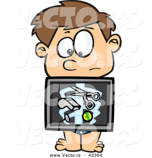Vector of a Nervous Cartoon Boy with an Xray Showing Swallowed Items