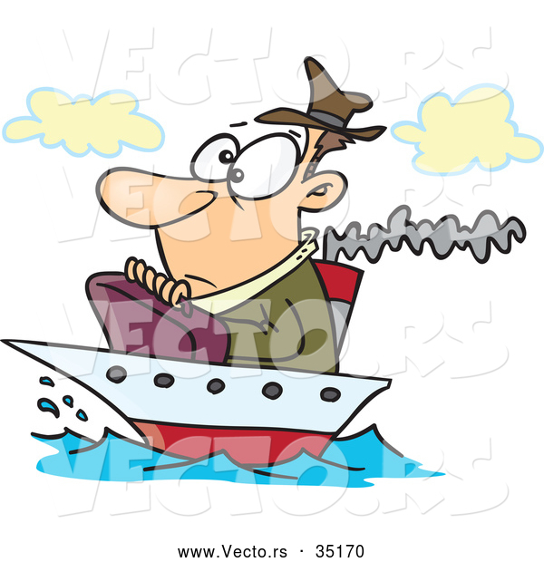 Vector of a Nervous Cartoon Businessman Traveling on a Tiny Ship