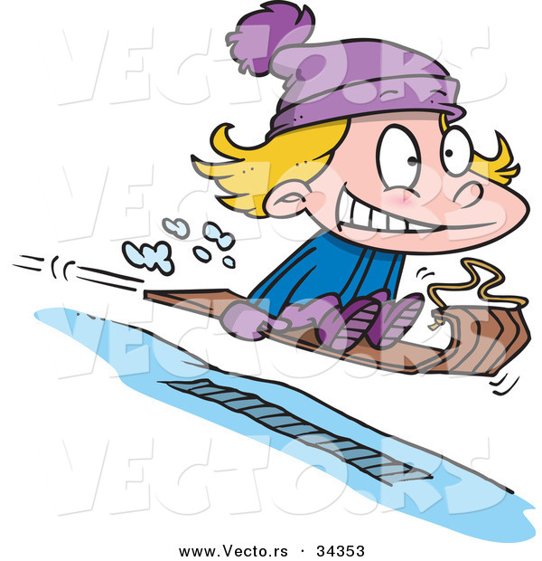 Vector of a Nervous Cartoon Girl Going Airborne While Snow Sledding