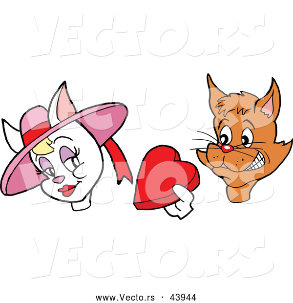 Vector of a Nervous Cartoon Male Cat Offering Love Heart Candy Box to a Female